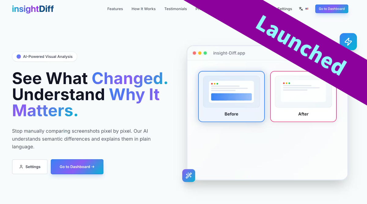insightDiff - website top page with launched ribbon announcement